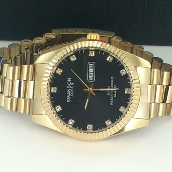 Swanson Accessories Swanson Japan Day Date Watch Gold Tone Black